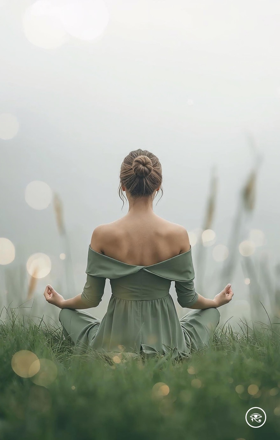Woman in meditative pose in a field, contemporary portrait