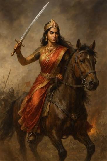 Warrior queen on horseback, sword raised, historical painting